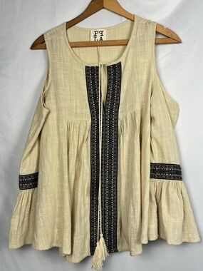 PPLA Cream Cold-Shoulder Tunic with Black Embroidered Trim